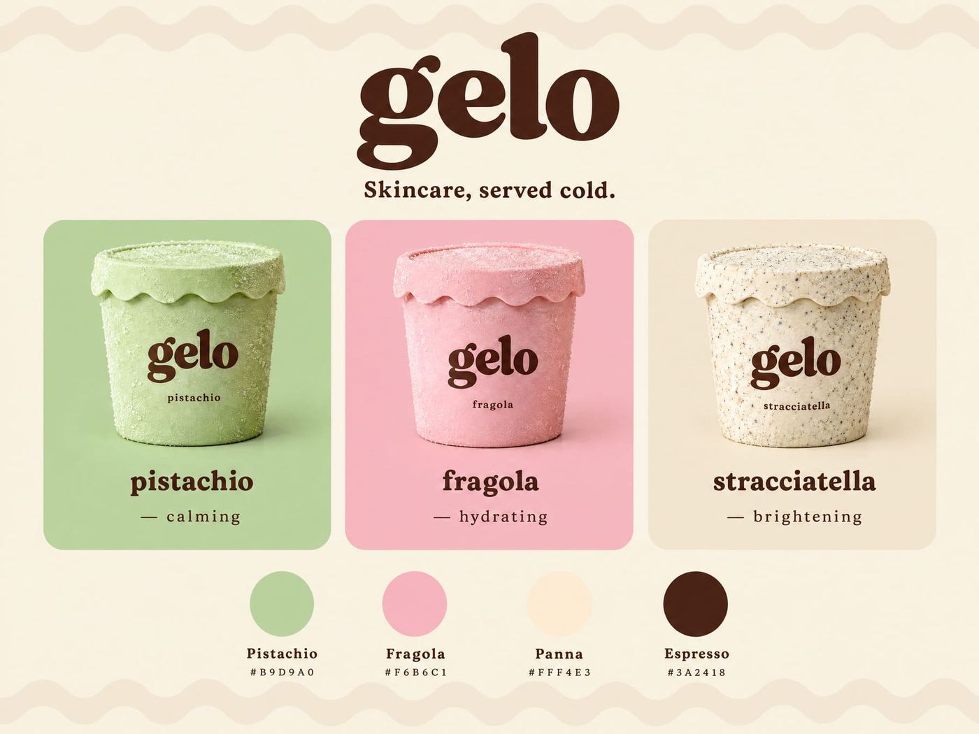 The gelo identity board: wordmark, three flavour cards and the colour palette.
