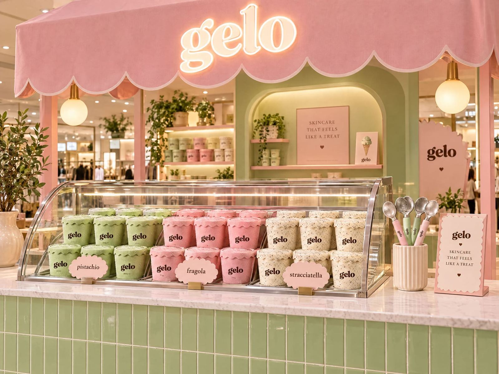 The gelo pop-up styled as a gelateria, with a pink scalloped awning, a glowing gelo sign and pints in a glass freezer case.