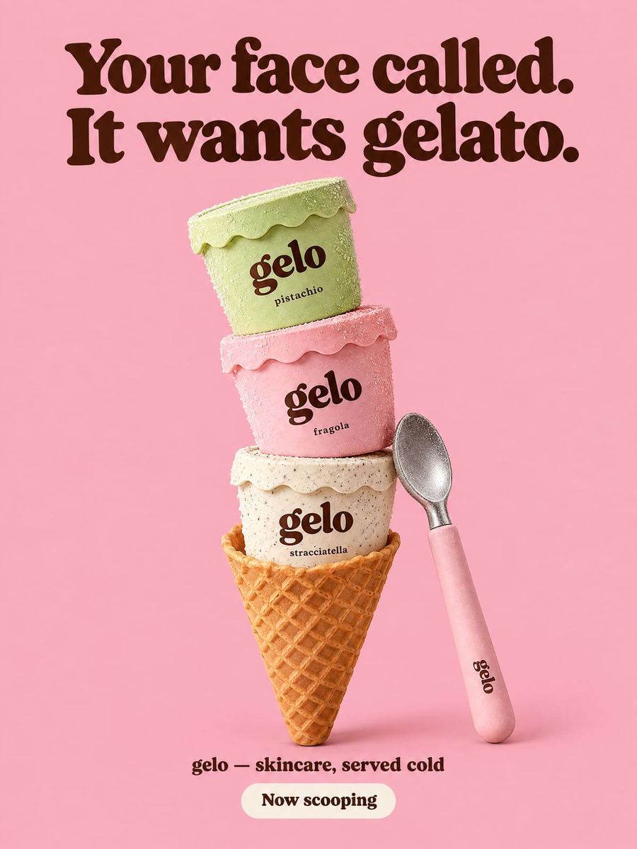 Three gelo pints, pistachio, fragola and stracciatella, stacked in a waffle cone next to a pink-handled spoon.